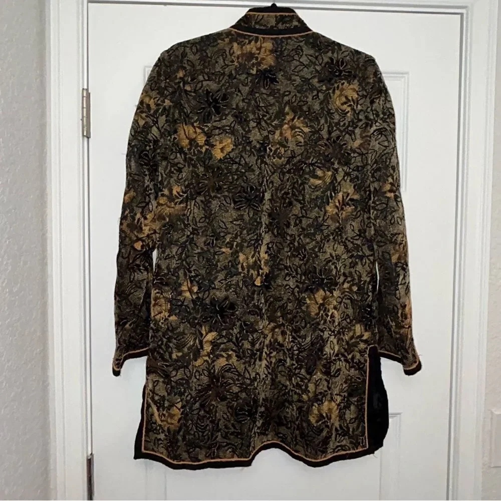 Vintage Coldwater Creek Open Front Jacquard Tapestry Long Sleeve Jacket Coat